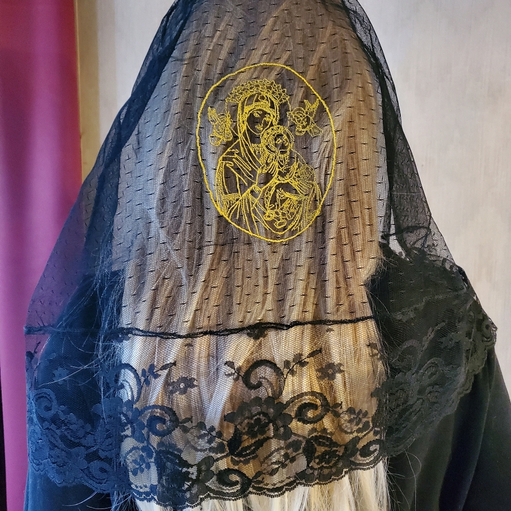Our Lady of Perpetual Help Embroidered Mantilla Chapel Veil Catholic Virgin Mary - Picture 3 of 6